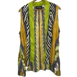 Bob Mackie Wearable Art Open Front Blouse Animal Print Sleeveless Womens L Green